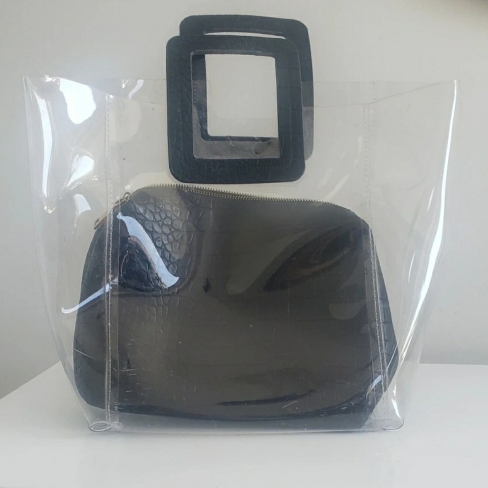 Transparent PVC "Staud" "Shirley" Tote Black Croc-Embossed Designer Inspired